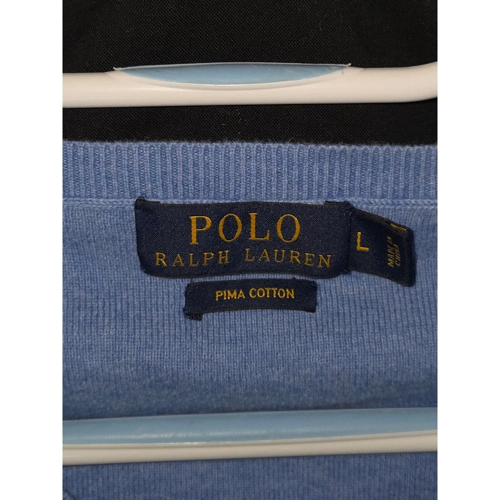 Polo Ralph Lauren Mens Pima‎ Cotton V-Neck Sweater Light Blue Large